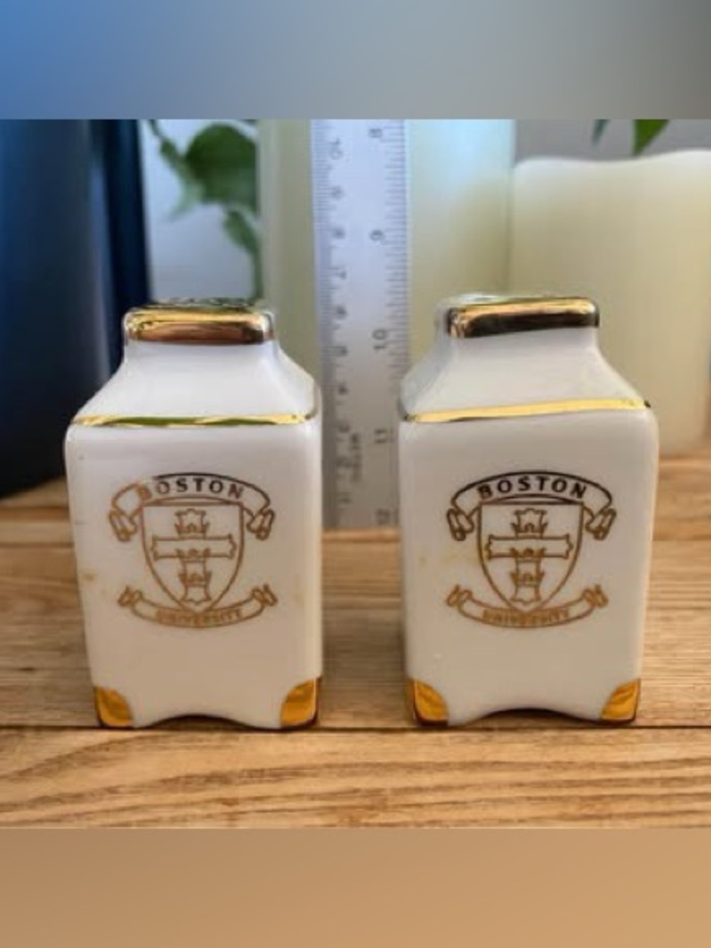 Vintage Boston University Porcelain Salt & Pepper Shakers - Gold Trim & Crest